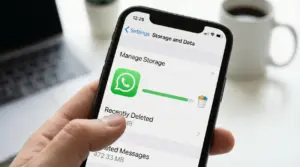 Mano che tiene uno smartphone con schermata di gestione spazio dati di WhatsApp per svuotare il cestino