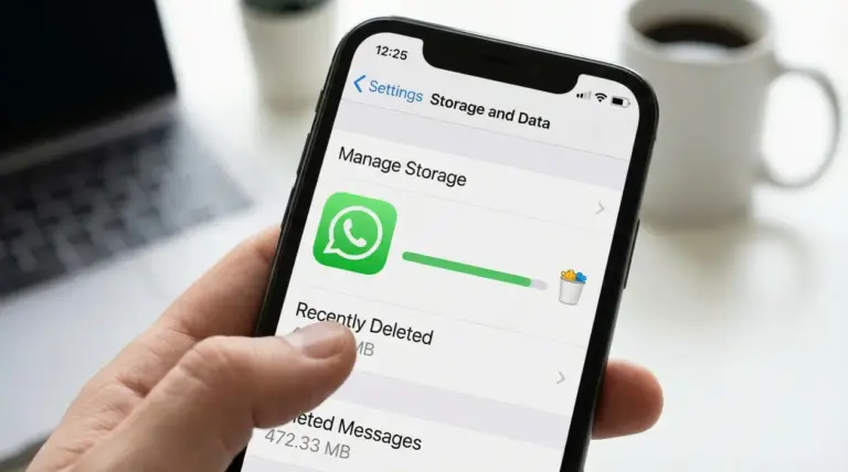 Mano che tiene uno smartphone con schermata di gestione spazio dati di WhatsApp per svuotare il cestino