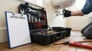 Cassetta attrezzi da idraulico e persona che ripara il lavabo in bagno, con listino prezzi su una lavagna