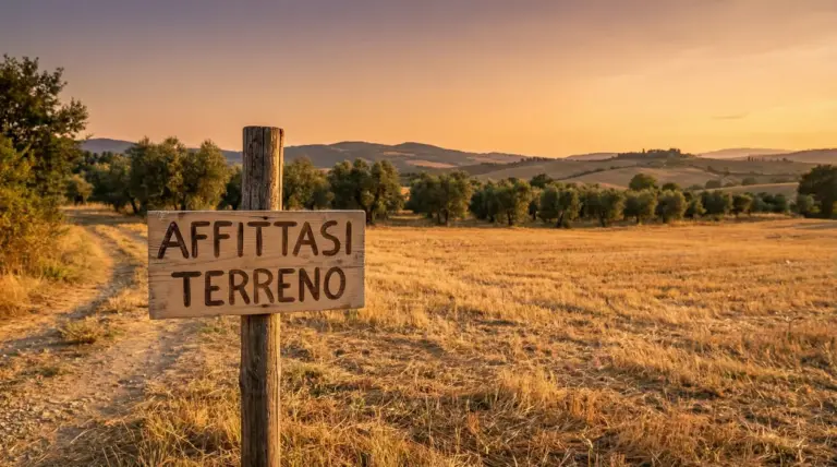 Cartello di legno su terreno agricolo al tramonto, con campo e colline sullo sfondo
