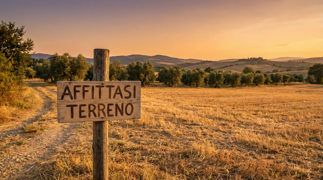 Cartello di legno su terreno agricolo al tramonto, con campo e colline sullo sfondo