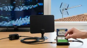 Antenna TV da interno con cavi e amplificatore collegati, con schermo che mostra segnale disturbato e antenna sul tetto