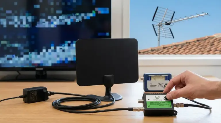 Antenna TV da interno con cavi e amplificatore collegati, con schermo che mostra segnale disturbato e antenna sul tetto