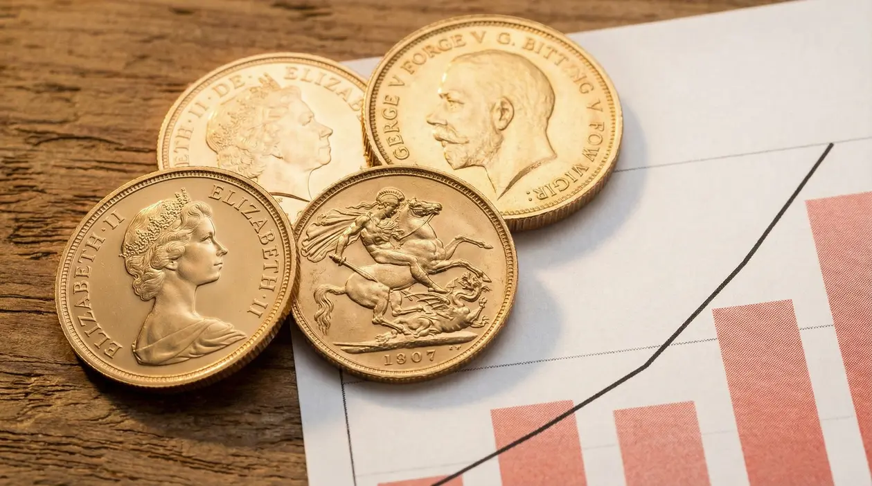 Sterline d’oro su grafico finanziario e superficie in legno