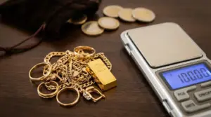 Bilancia digitale con 100 grammi di oro usato composto da gioielli e lingotto