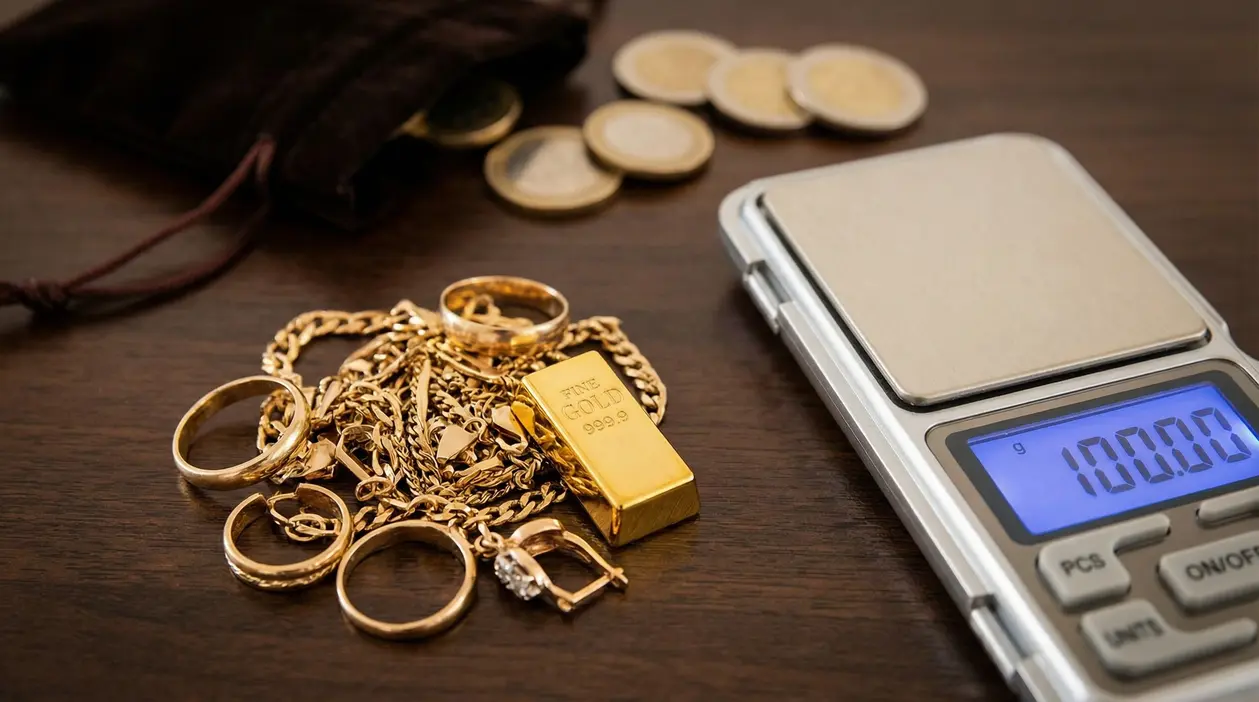 Bilancia digitale con 100 grammi di oro usato composto da gioielli e lingotto