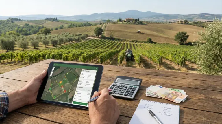 Persona analizza un terreno agricolo su un tablet con vista su campi coltivati e colline