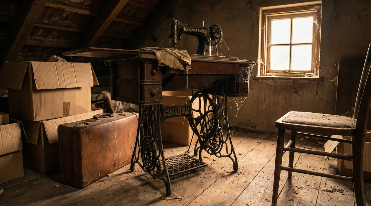 Vecchia macchina da cucire Singer in una soffitta polverosa con scatole e valigia