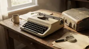 Macchina da scrivere Olivetti d'epoca su un vecchio tavolo di legno con valigetta usurata
