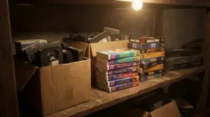 Scatole di videocassette VHS e pile di film su uno scaffale polveroso in cantina, con vecchio videoregistratore