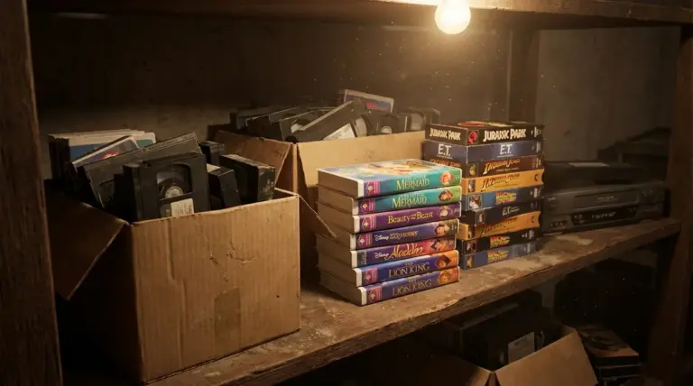 Scatole di videocassette VHS e pile di film su uno scaffale polveroso in cantina, con vecchio videoregistratore