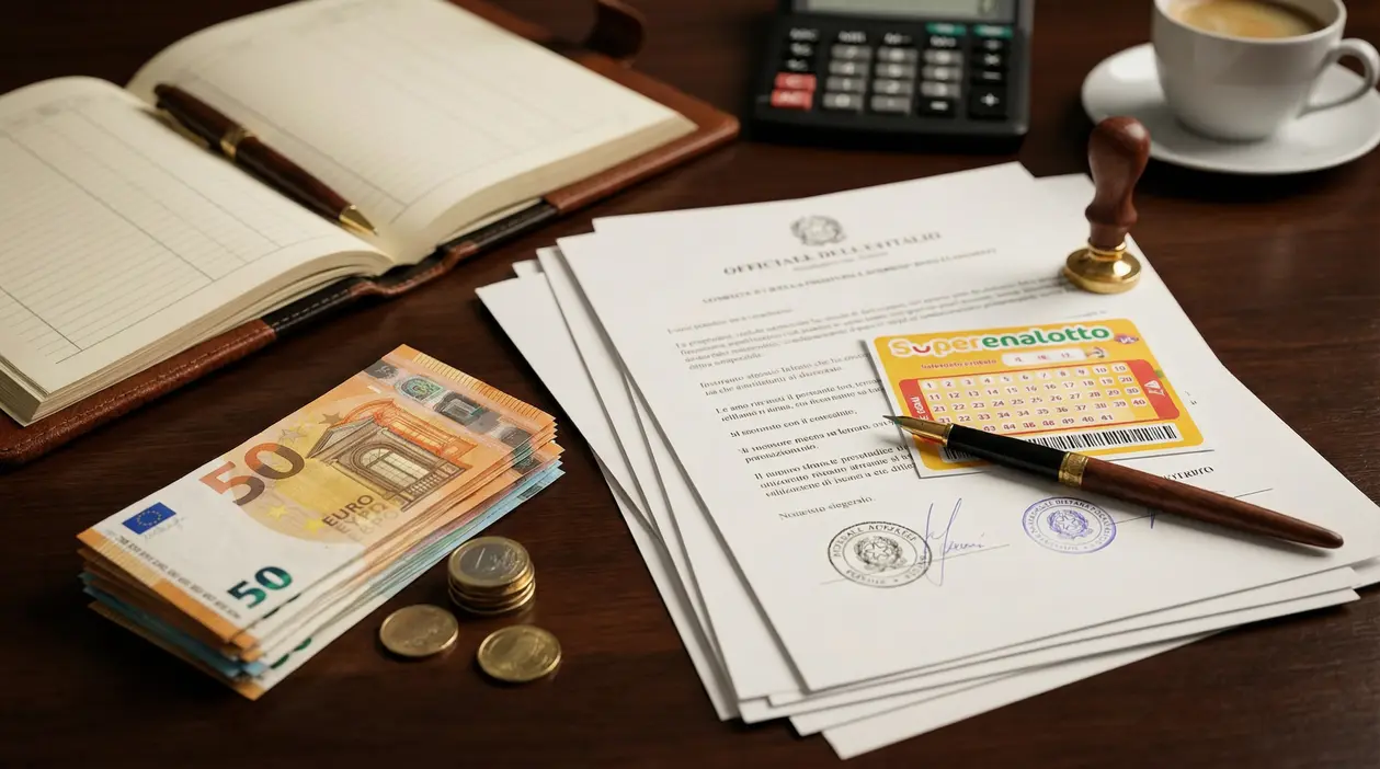 Schedina Superenalotto su documenti ufficiali con penna, timbro e banconote in euro su una scrivania