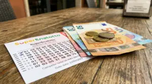 Schedina del SuperEnalotto accanto a banconote e monete su un tavolo in legno