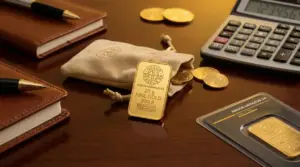 Lingotto d’oro da 20 grammi su scrivania con monete, calcolatrice e taccuini, per valutare prezzo e investimento