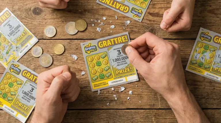 Mani che grattano un biglietto gratta e vinci su un tavolo di legno, con monete e frammenti di carta argentata