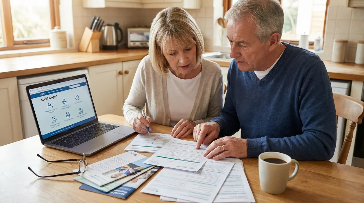 Coppia over 55 compila moduli e consulta il computer per richiedere l’assegno di inclusione dopo la perdita del lavoro