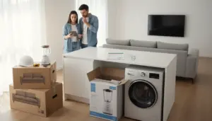 Coppia in casa durante ristrutturazione, con scatoloni di mobili ed elettrodomestici e una lavatrice vicino al tavolo