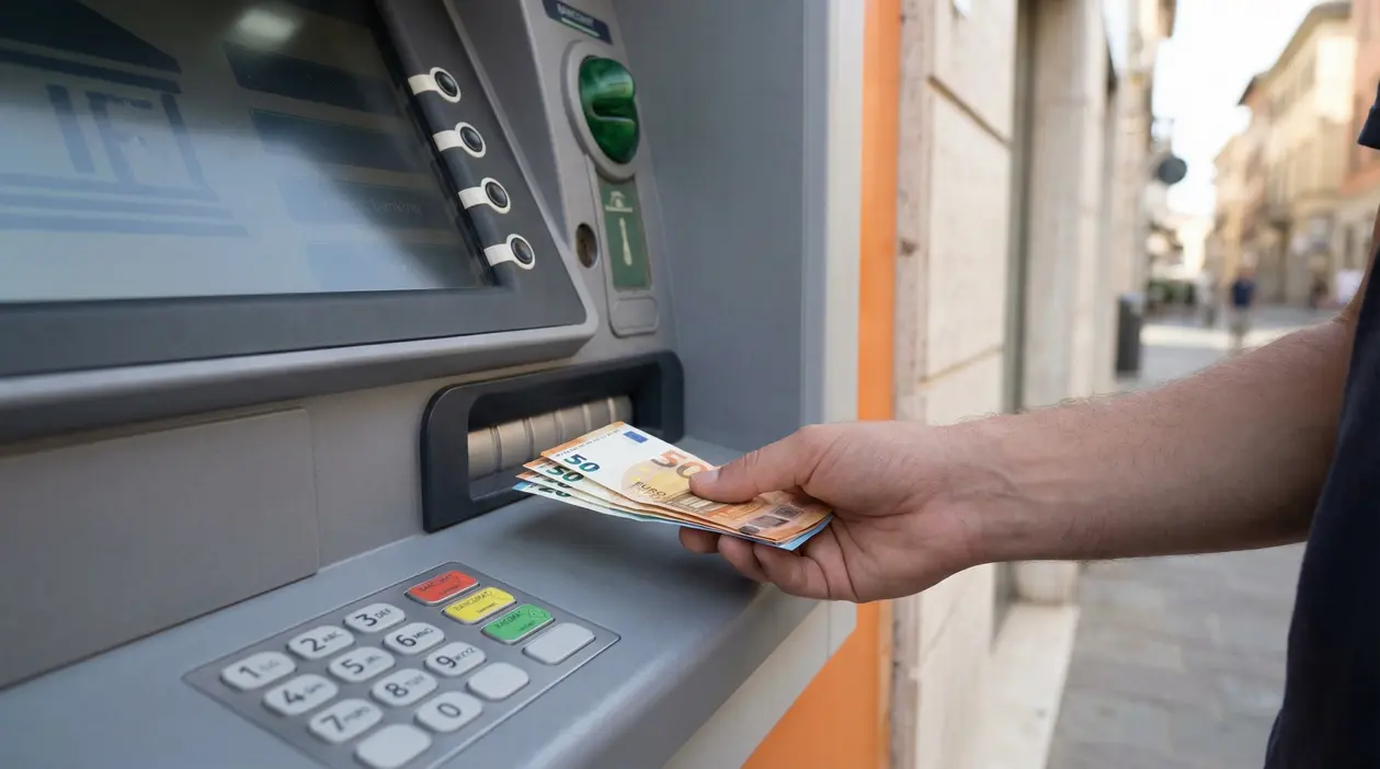 Una persona preleva banconote in euro da un bancomat su strada, tenendo in mano i contanti appena ritirati