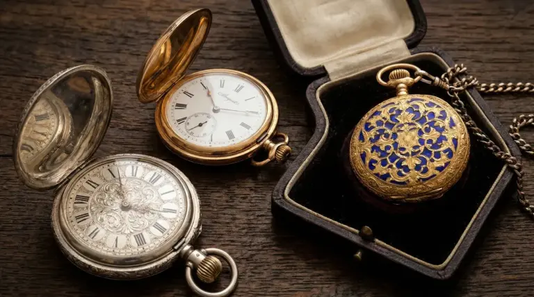 Tre orologi da tasca antichi su legno, uno in custodia con catena e cassa decorata blu e oro