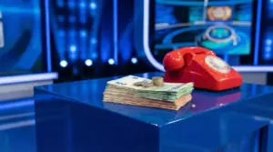 Mazzetta di banconote e monete accanto a un telefono rosso su un banco in uno studio TV