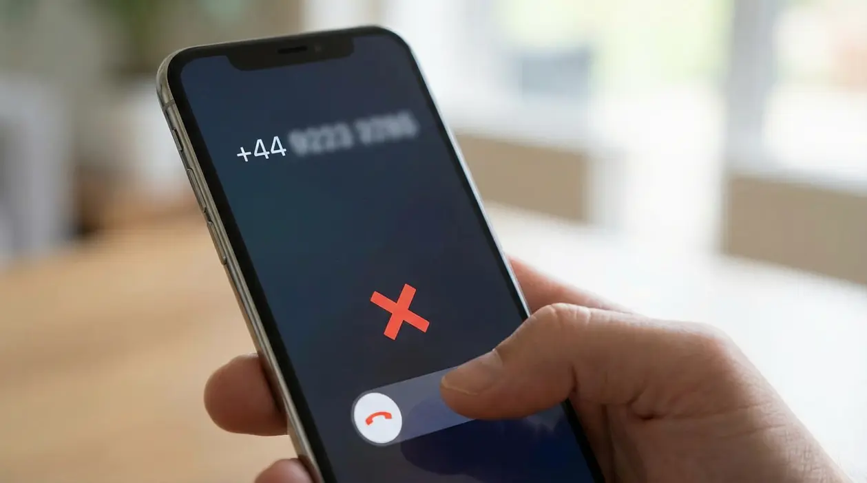 Mano che rifiuta una chiamata in arrivo su smartphone da un numero con prefisso +44
