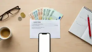 Busta paga con banconote in euro, smartphone e accessori da scrivania su tavolo in legno