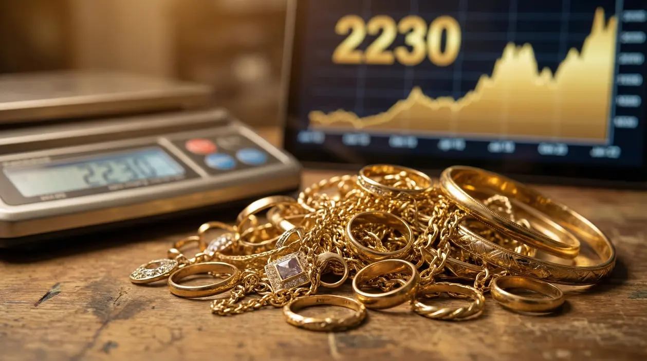 Gioielli in oro usato su un tavolo con bilancia digitale e grafico dei prezzi dell’oro sullo sfondo