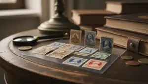 Francobolli d’epoca su tavolo in legno con lente d’ingrandimento e libri, per valutazione filatelica