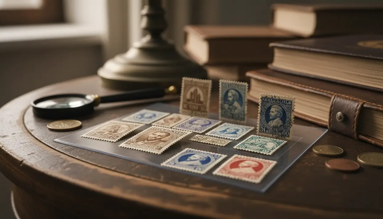 Francobolli d’epoca su tavolo in legno con lente d’ingrandimento e libri, per valutazione filatelica