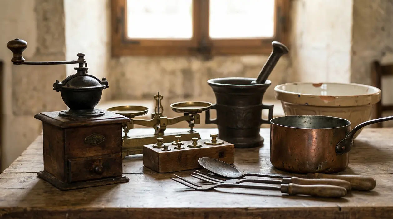 Utensili da cucina d’epoca su un tavolo: macinacaffè manuale, bilancia, mortaio, casseruola in rame e ciotola