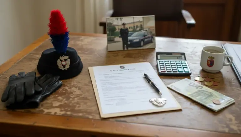 Scrivania con cappello dell’Arma, documenti, calcolatrice e banconote, per tema stipendio maresciallo