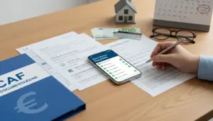 Documenti CAF su scrivania con smartphone e mano che compila moduli per richiedere nuovi bonus