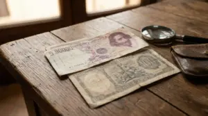Vecchie banconote italiane su un tavolo di legno con lente d’ingrandimento e portafoglio
