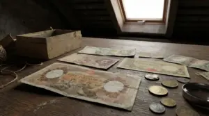 Vecchie banconote e monete in lire italiane su un tavolo in soffitta, pronte per valutazione e vendita sicura