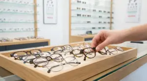 Mano che sceglie una montatura di occhiali su un vassoio in un negozio di ottica