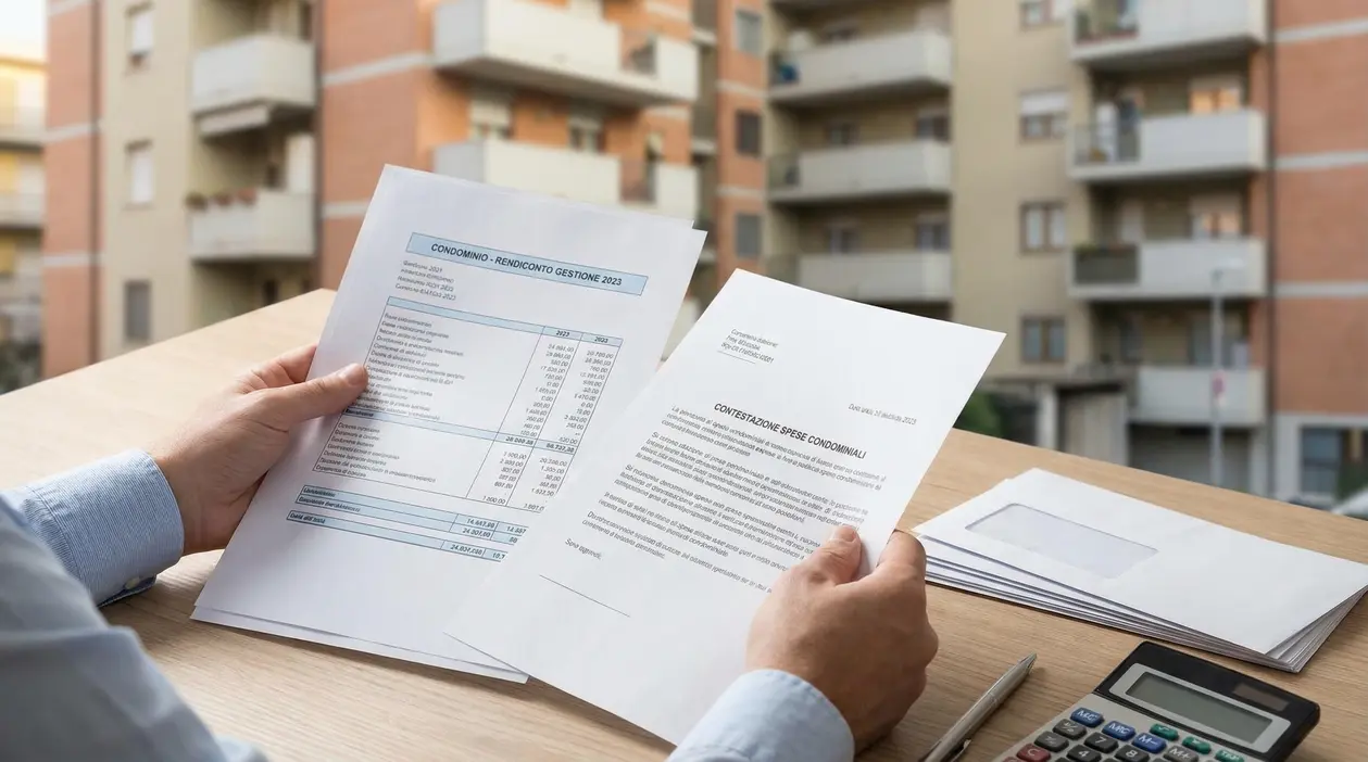 Persona che controlla documenti di spese e conguaglio condominiale con calcolatrice, sullo sfondo un palazzo