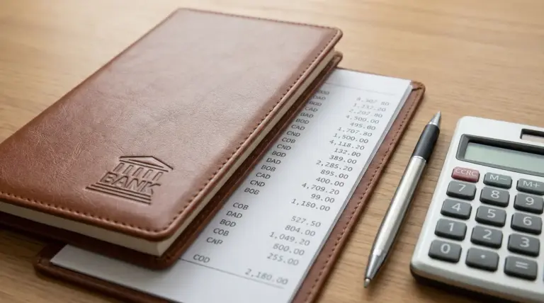 Libretto bancario aperto con estratto conto, penna e calcolatrice su una scrivania