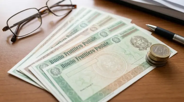 Buoni fruttiferi postali su una scrivania con monete, penna e occhiali, tema risparmio e rendimento